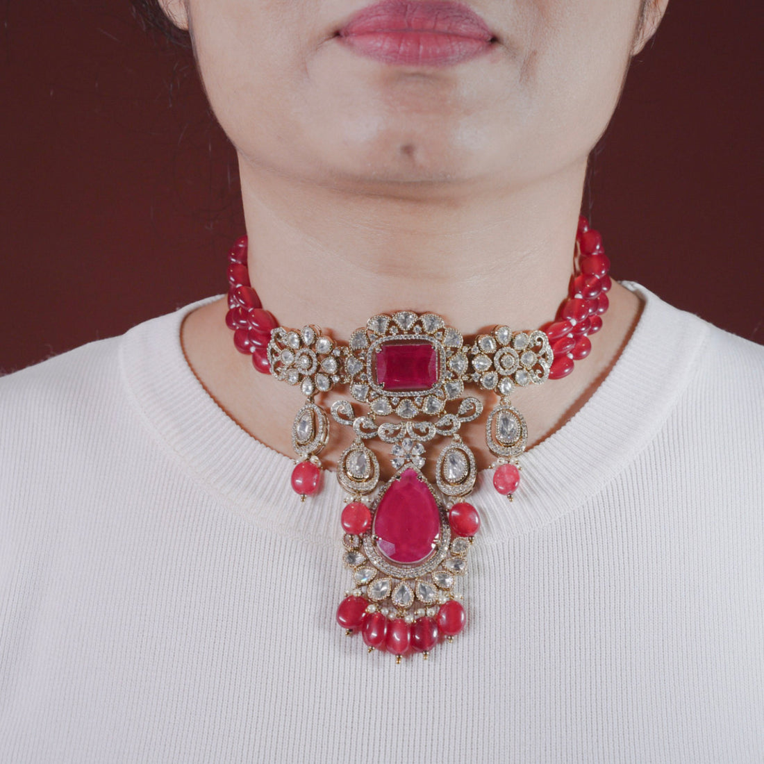 Vaanya Ruby Pink Necklace Set - MIARAA