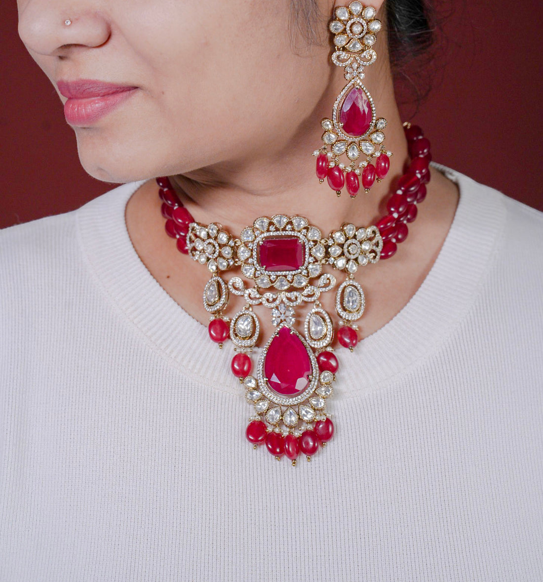 Vaanya Ruby Pink Necklace Set - MIARAA