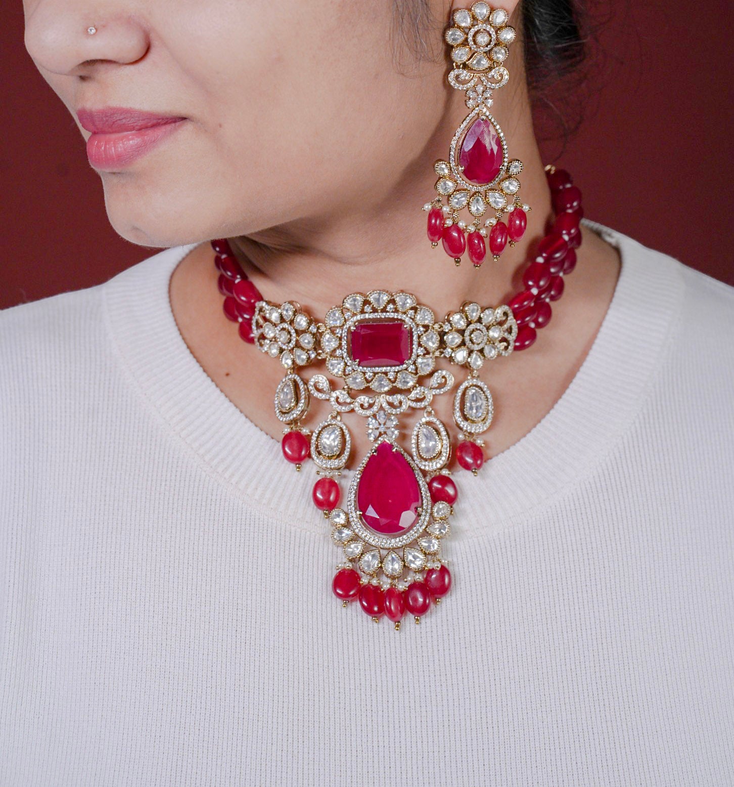 Vaanya Ruby Pink Necklace Set - MIARAA
