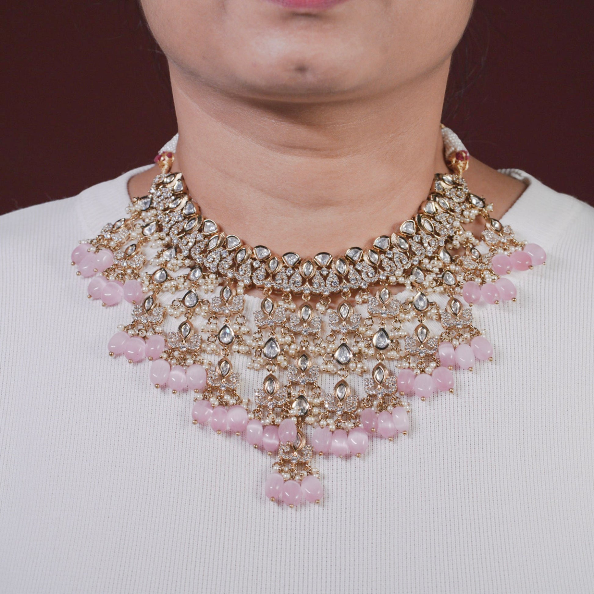 Savya Light Pink Polki Necklace Set - MIARAA