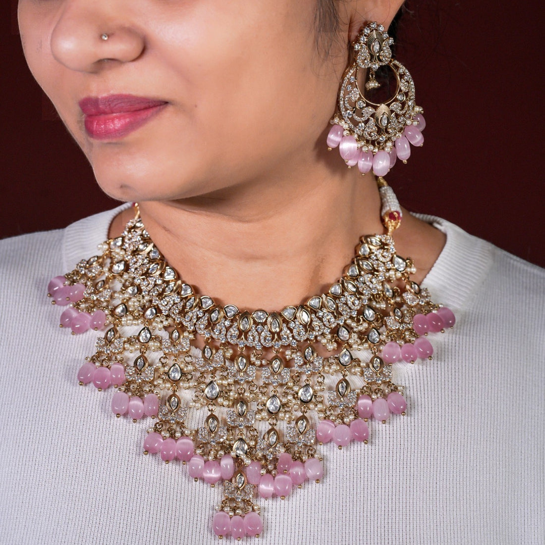 Savya Light Pink Polki Necklace Set - MIARAA