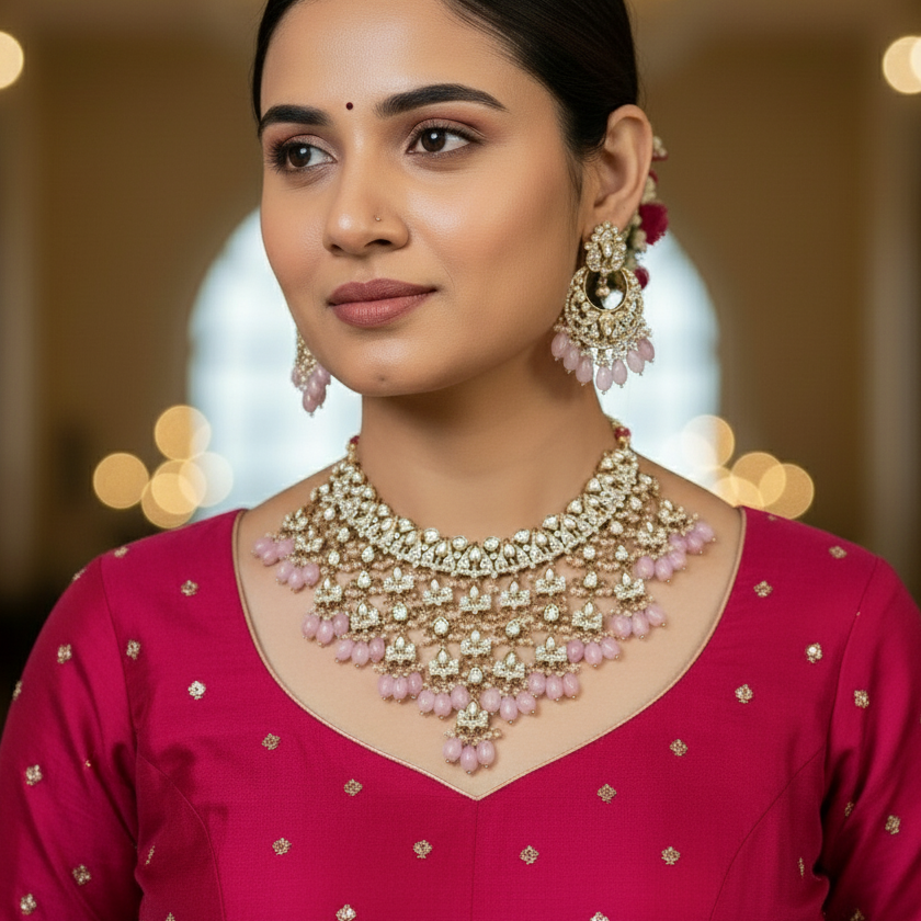 Savya Light Pink Polki Necklace Set