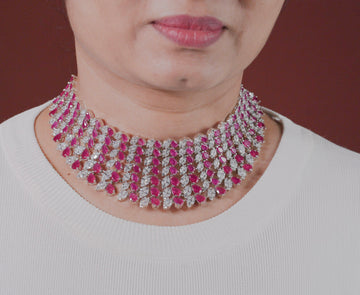 Vaanya Ruby Pink Diamond Necklace Set - MIARAA