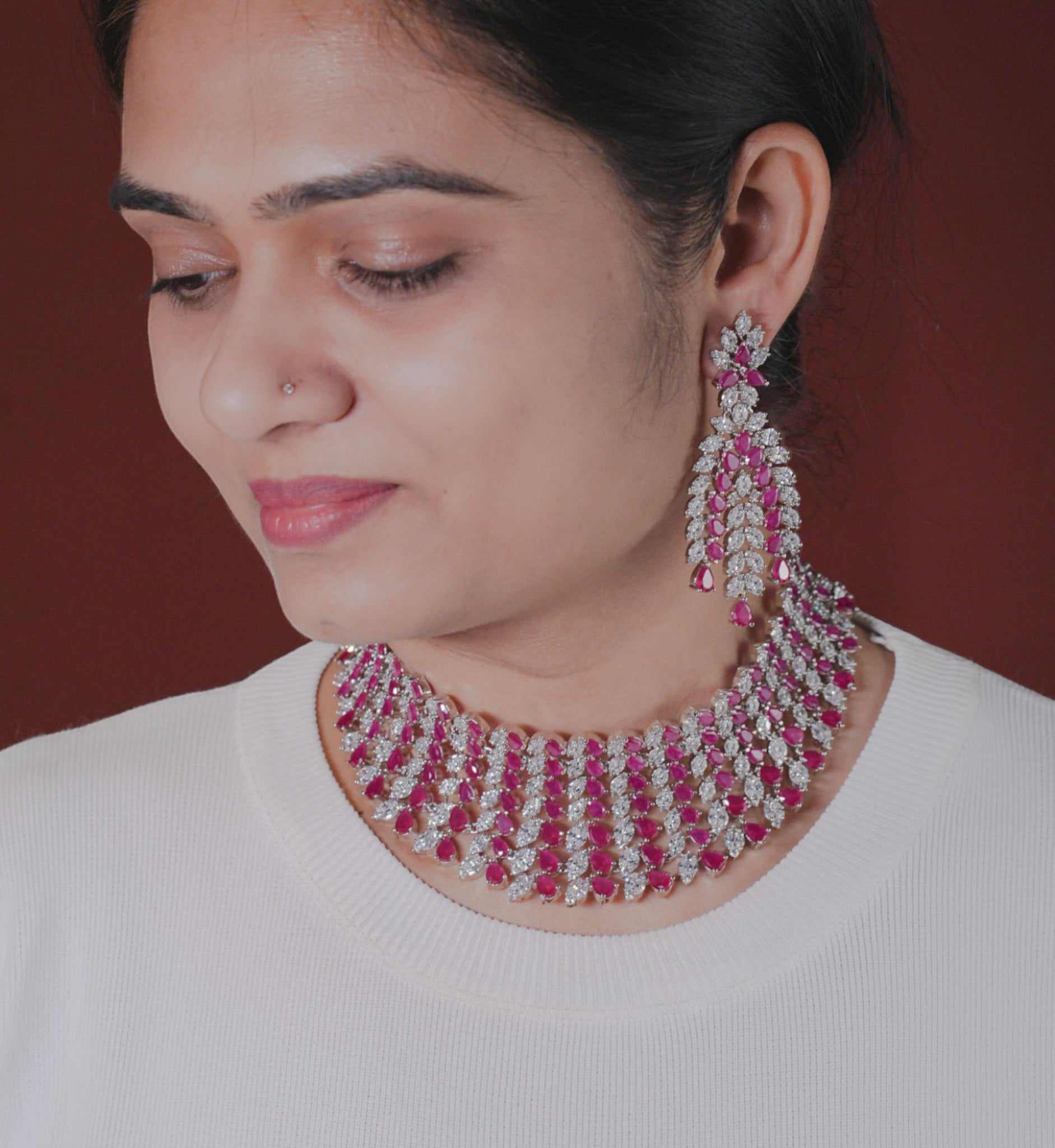 Vaanya Ruby Pink Diamond Necklace Set - MIARAA