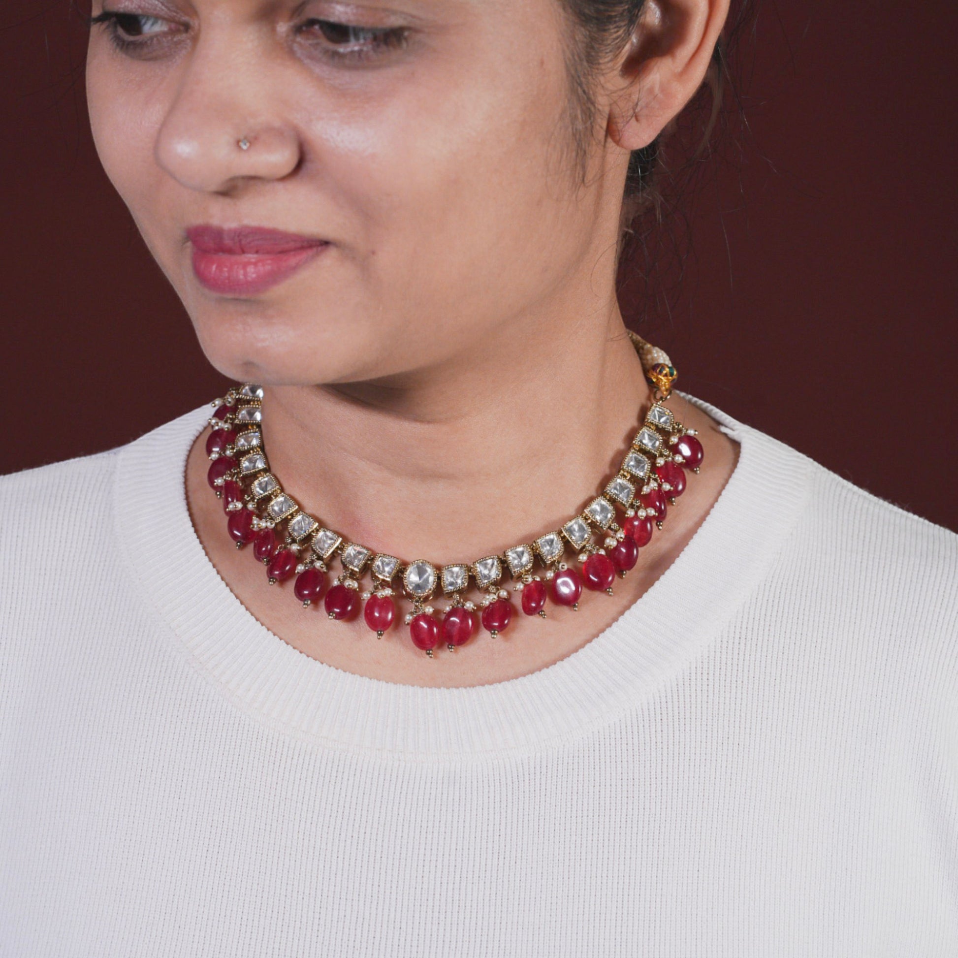 Jiya Ruby Pink Necklace Set - MIARAA
