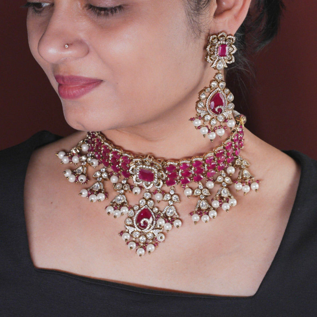Dhriti Ruby Polki Necklace Set - MIARAA