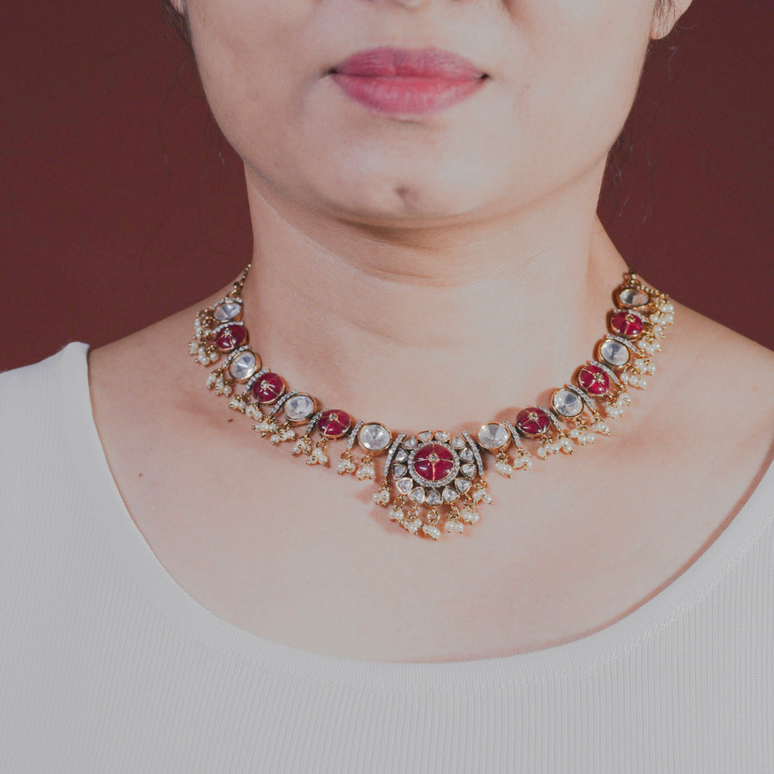 Diya Maroon Polki Necklace Set - MIARAA
