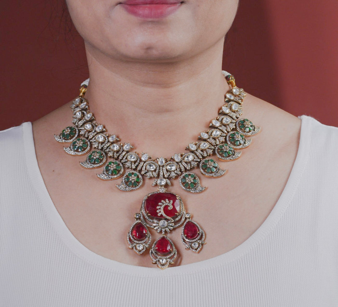 Vedika Red Green Polki Necklace Set - MIARAA