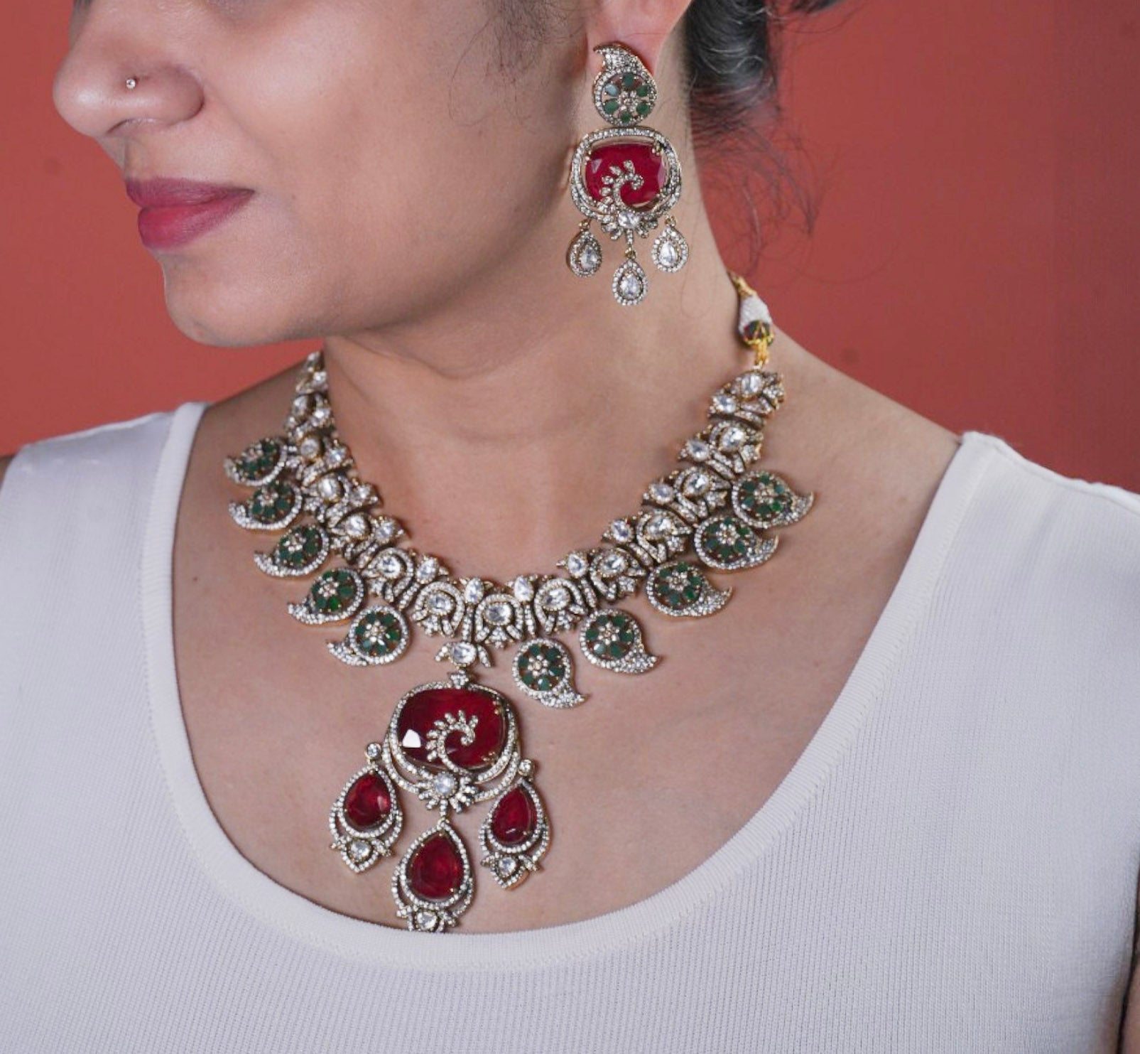 Vedika Red Green Polki Necklace Set - MIARAA