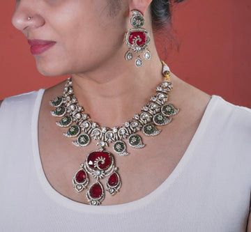 Vedika Red Green Polki Necklace Set - MIARAA