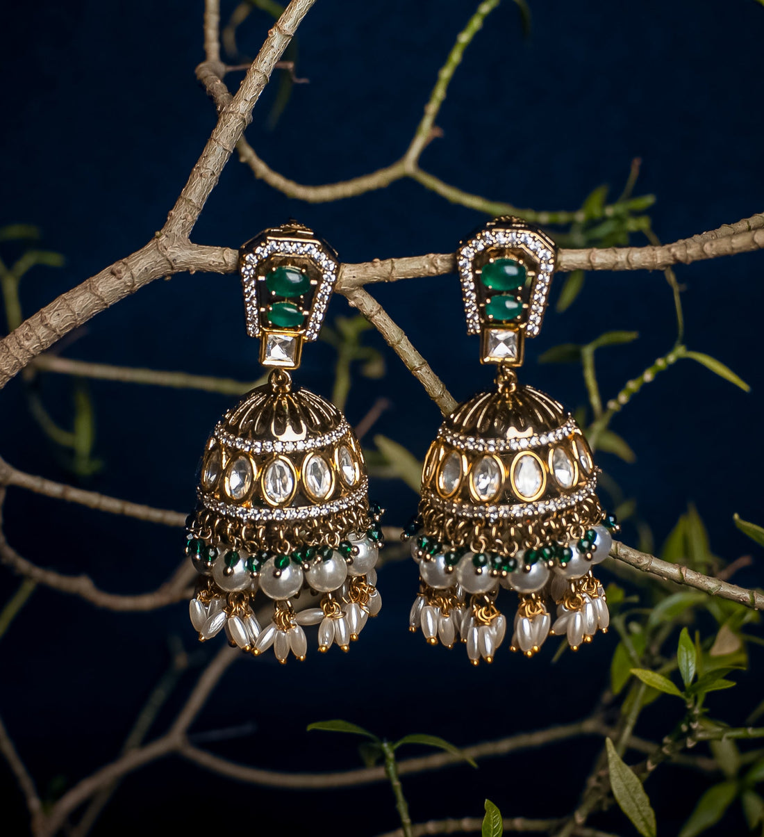 Shalini Green Antique Finish Polki Earrings - MIARAA