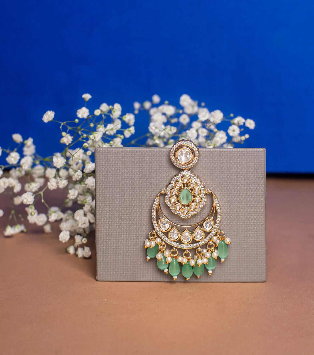 Sitara Aqua-green Chandbali Earrings - MIARAA