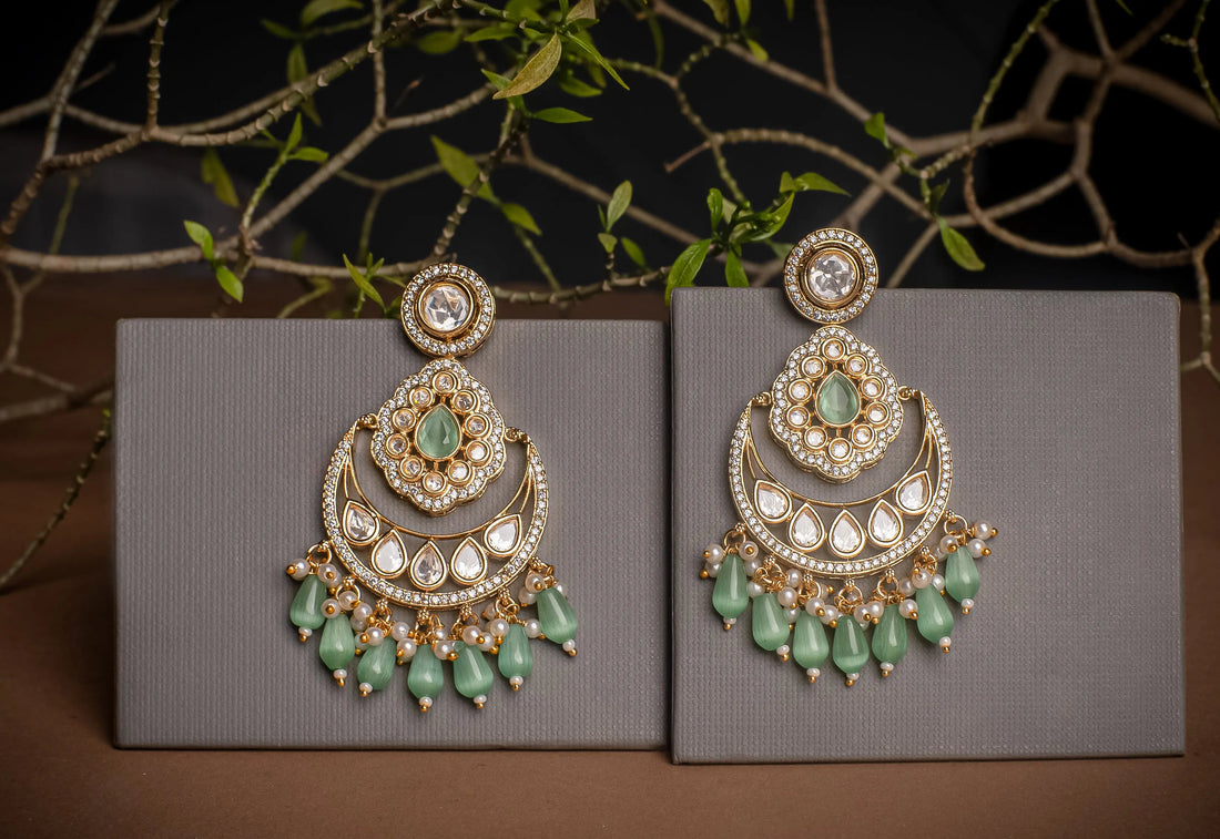 Sitara Aqua-green Chandbali Earrings - MIARAA