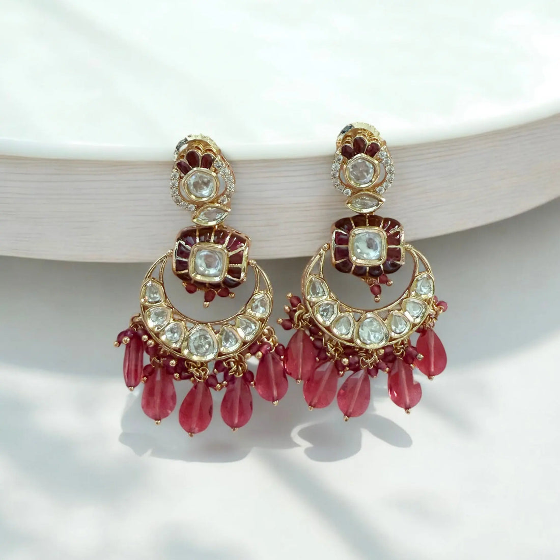 Kamal Rose Pink Moissanite Polki Earrings - MIARAA