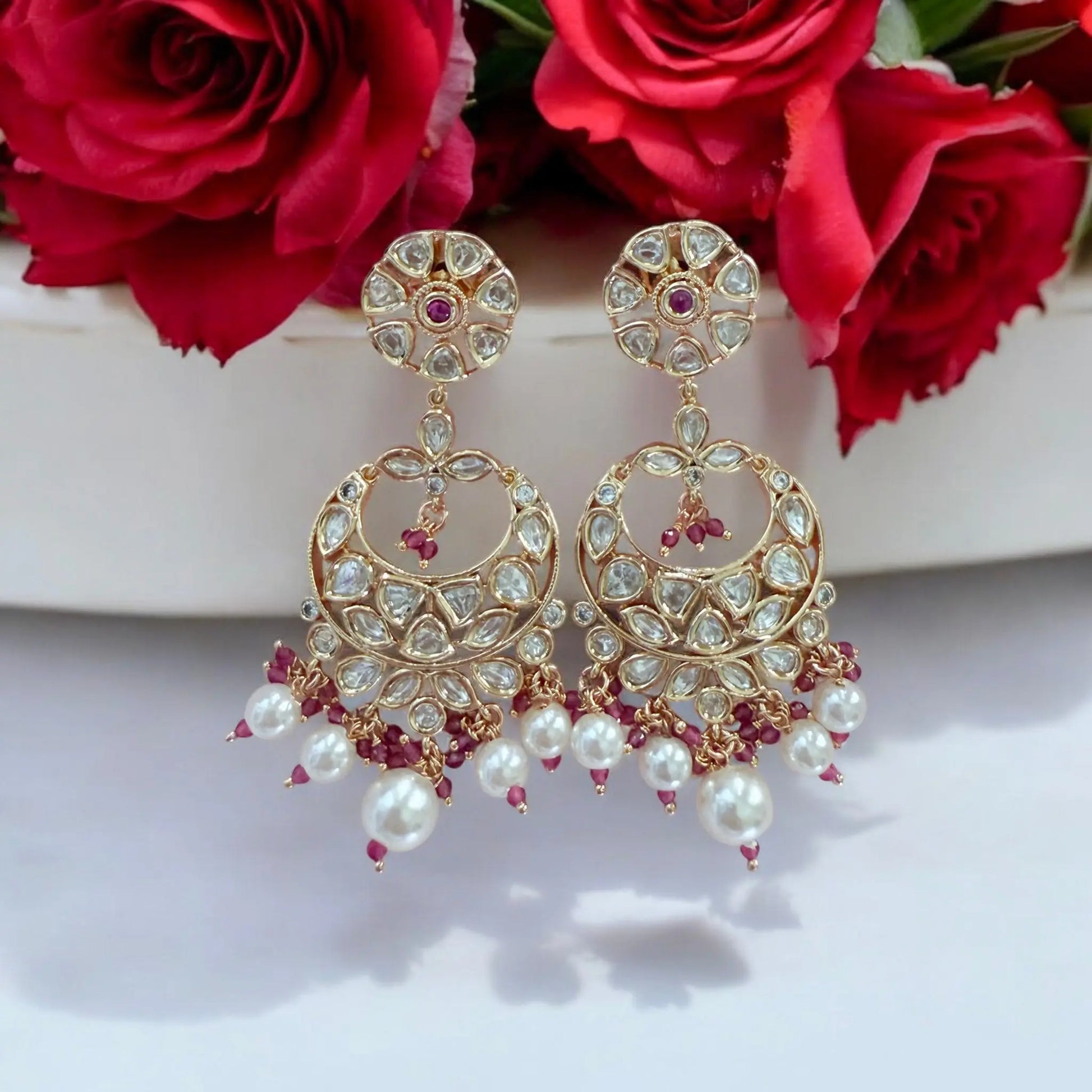 Ruhani Ruby Pink Moissanite Polki Earrings - MIARAA