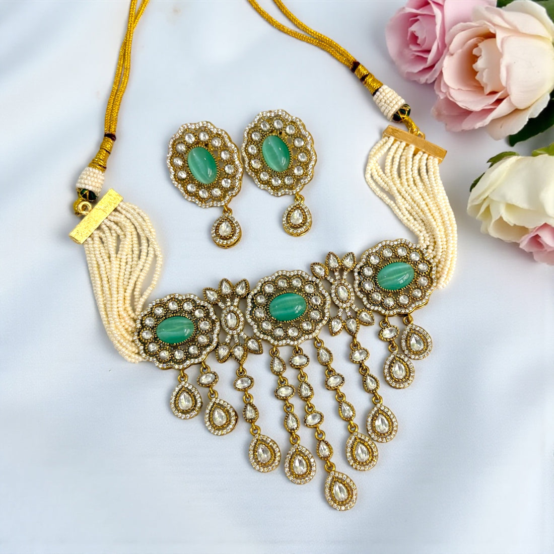 Heer Aqua Green Polki Kundan Necklace Set