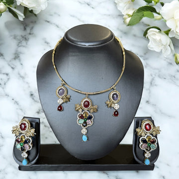 Ranchi Multicolor Polki Stone Necklace Set - MIARAA