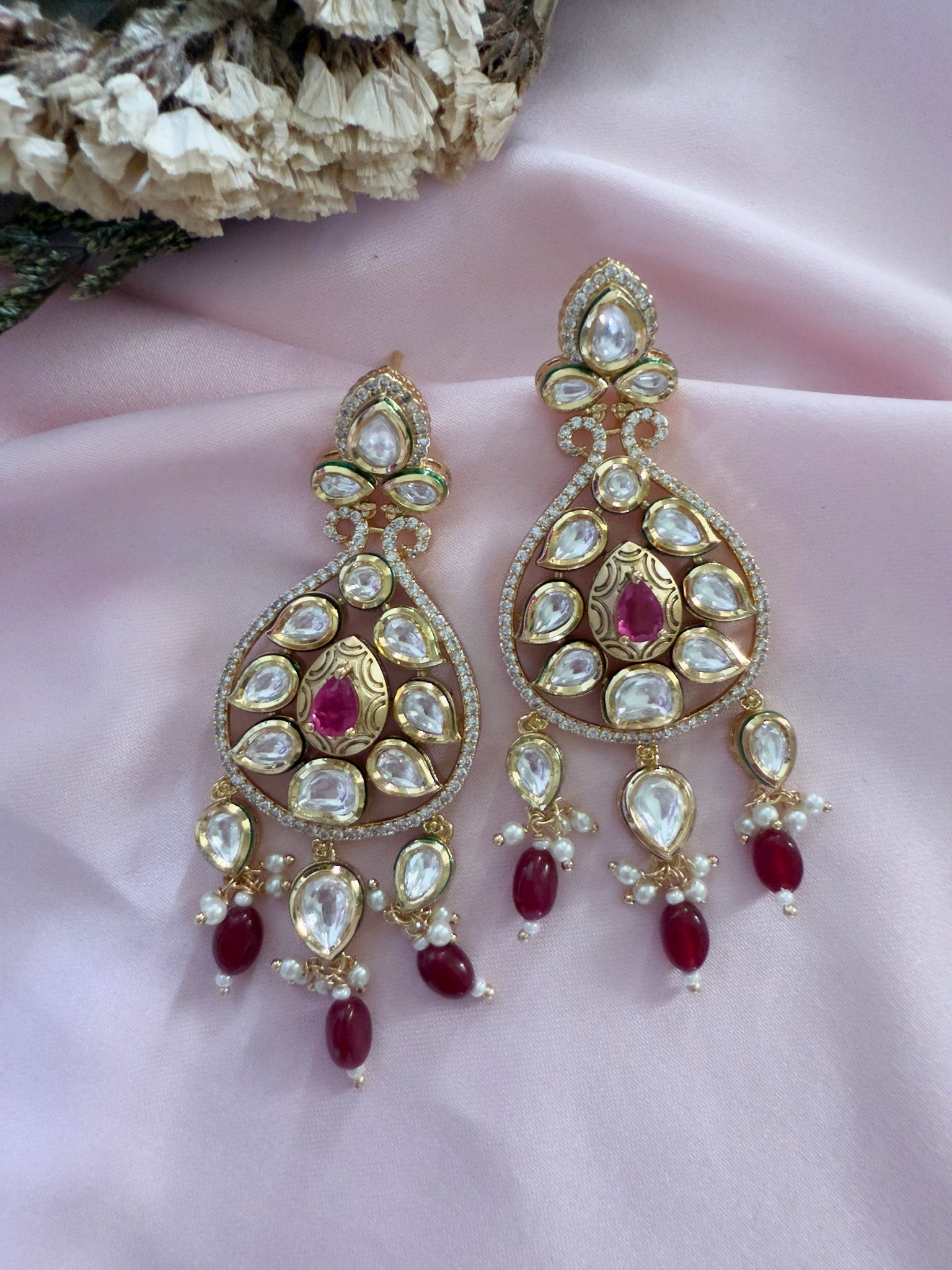 Adhya Ruby Pink Moissanite Polki Earrings - MIARAA
