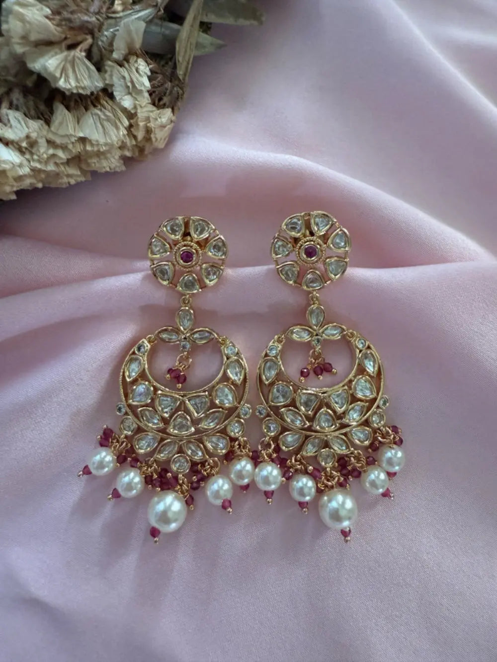Mohini Ruby Pink Moissanite Polki Earrings - MIARAA