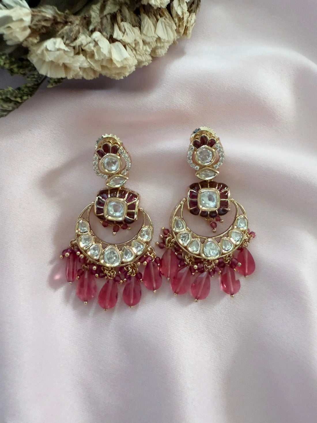 Kamal Rose Pink Moissanite Polki Earrings - MIARAA