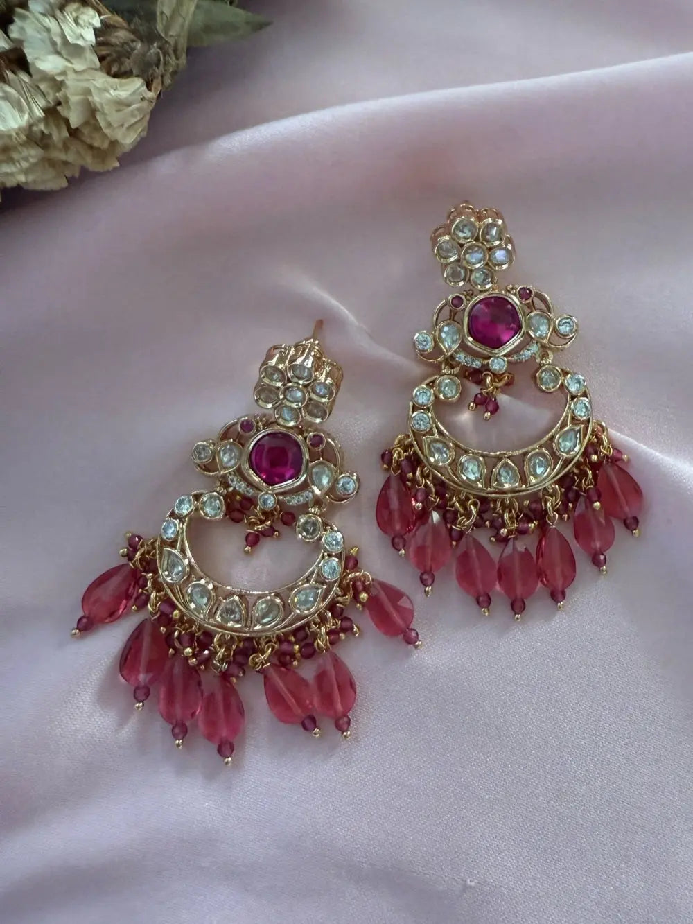 Twesh Rose Pink Moissanite Polki Earrings - MIARAA
