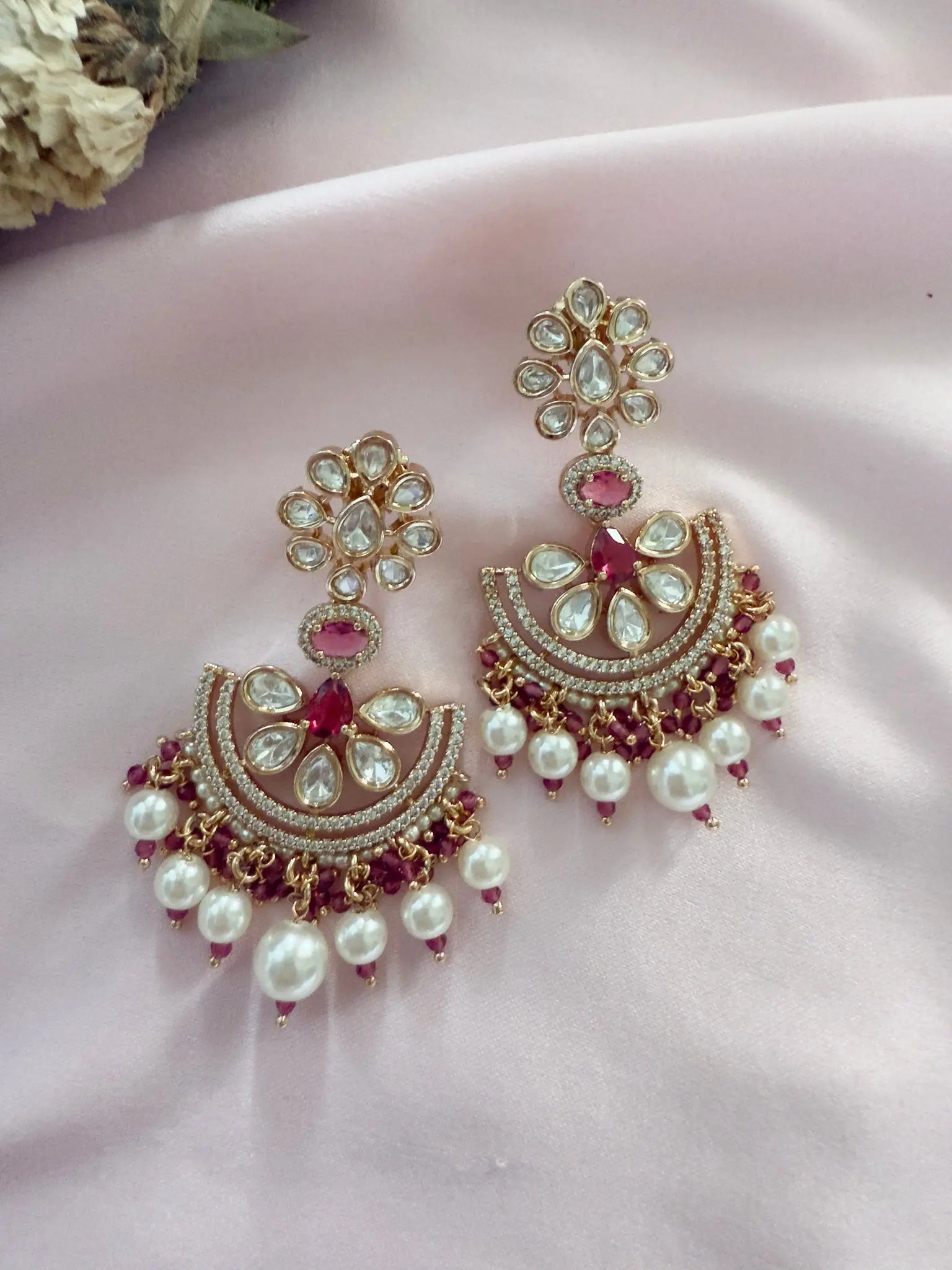 Ruhani Ruby Pink Moissanite Polki Earrings - MIARAA