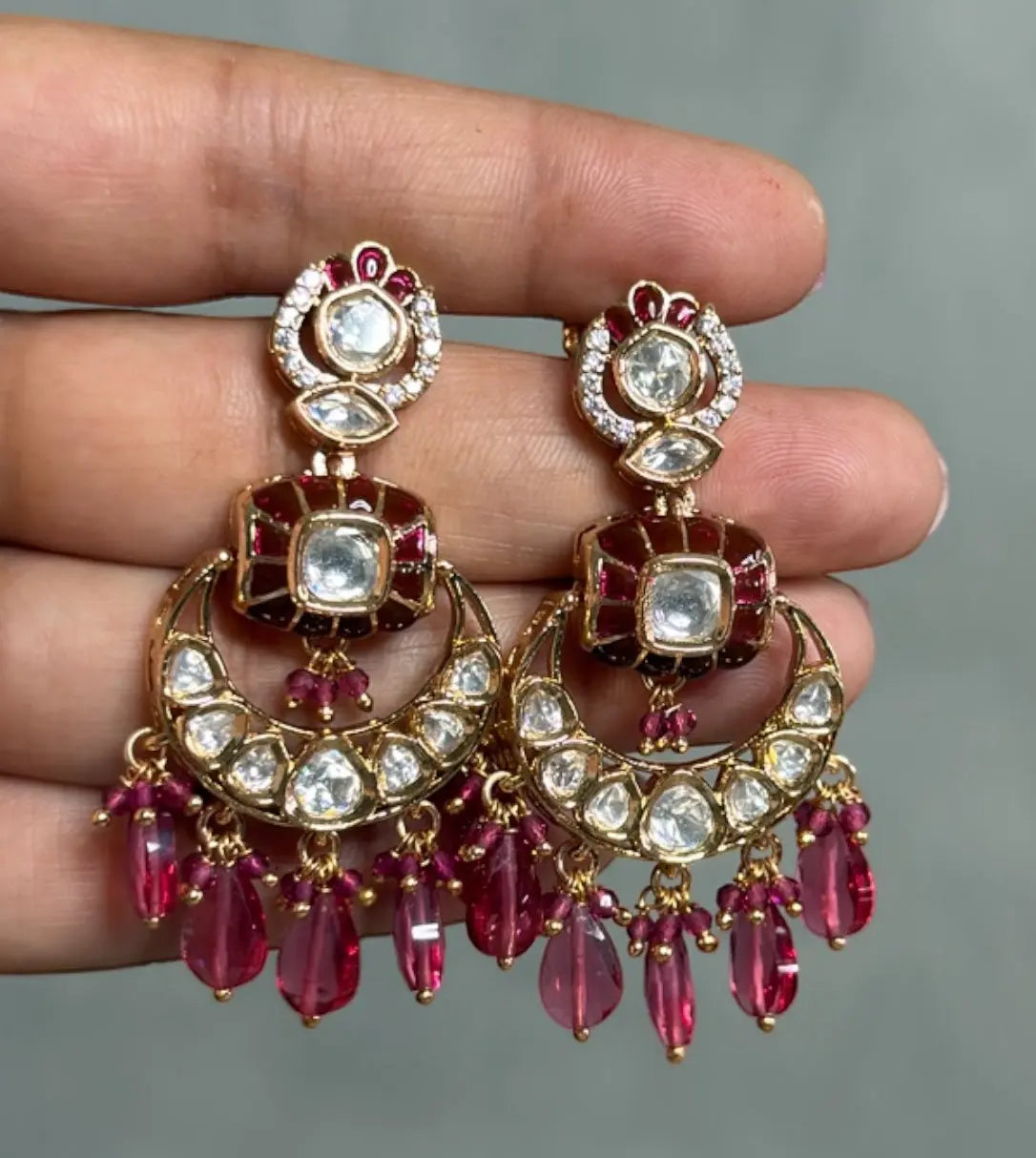 Kamal Rose Pink Moissanite Polki Earrings - MIARAA