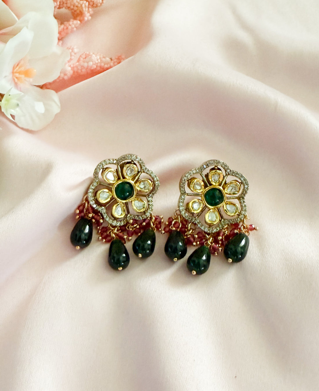 Diya Green Maroon Moissanite Polki Studs - MIARAA