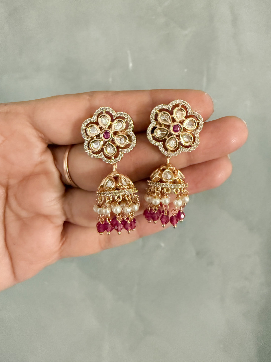 Jinal Ruby Pink Jumkhi Earrings - MIARAA