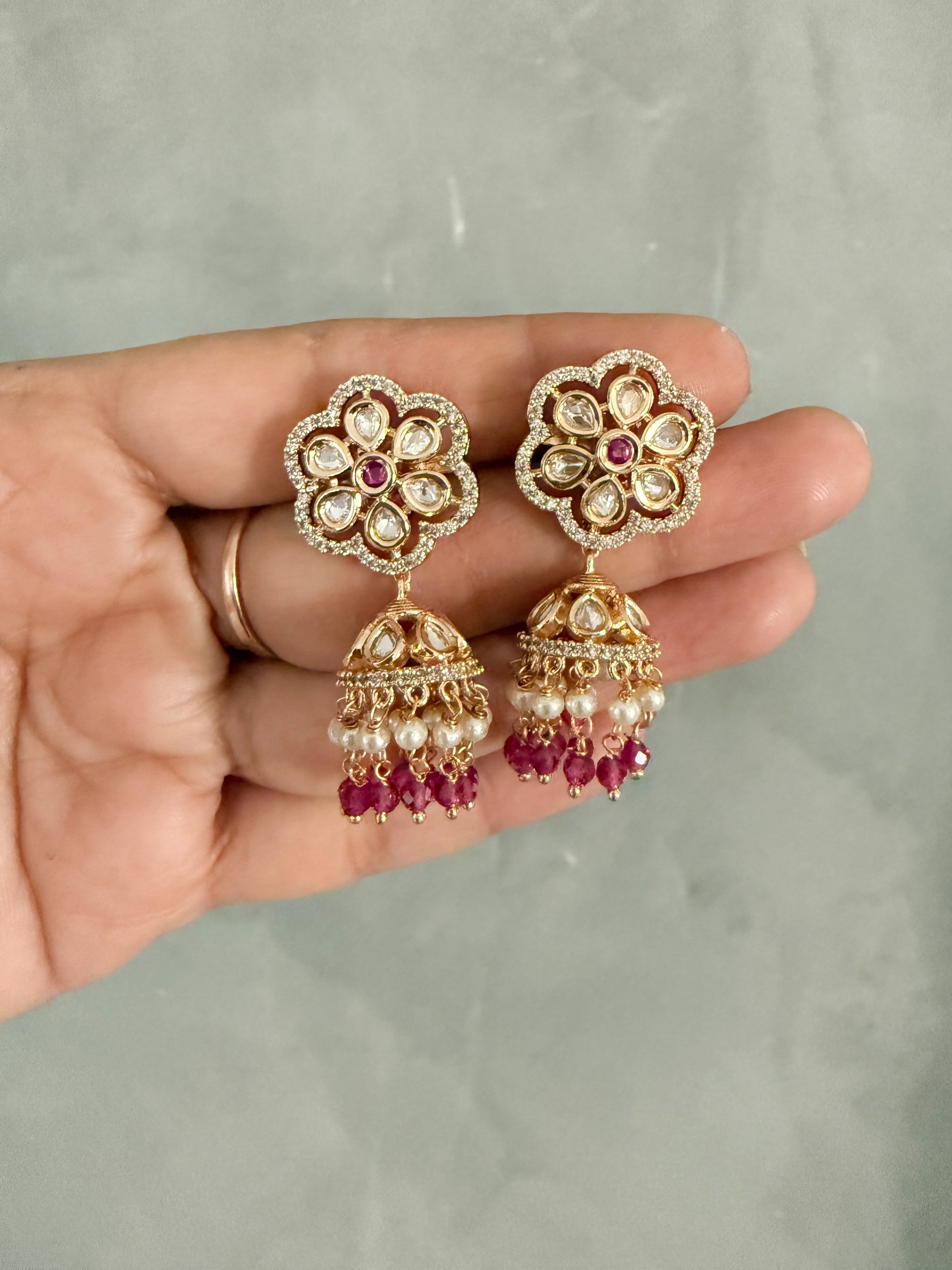 Jinal Ruby Pink Jumkhi Earrings - MIARAA