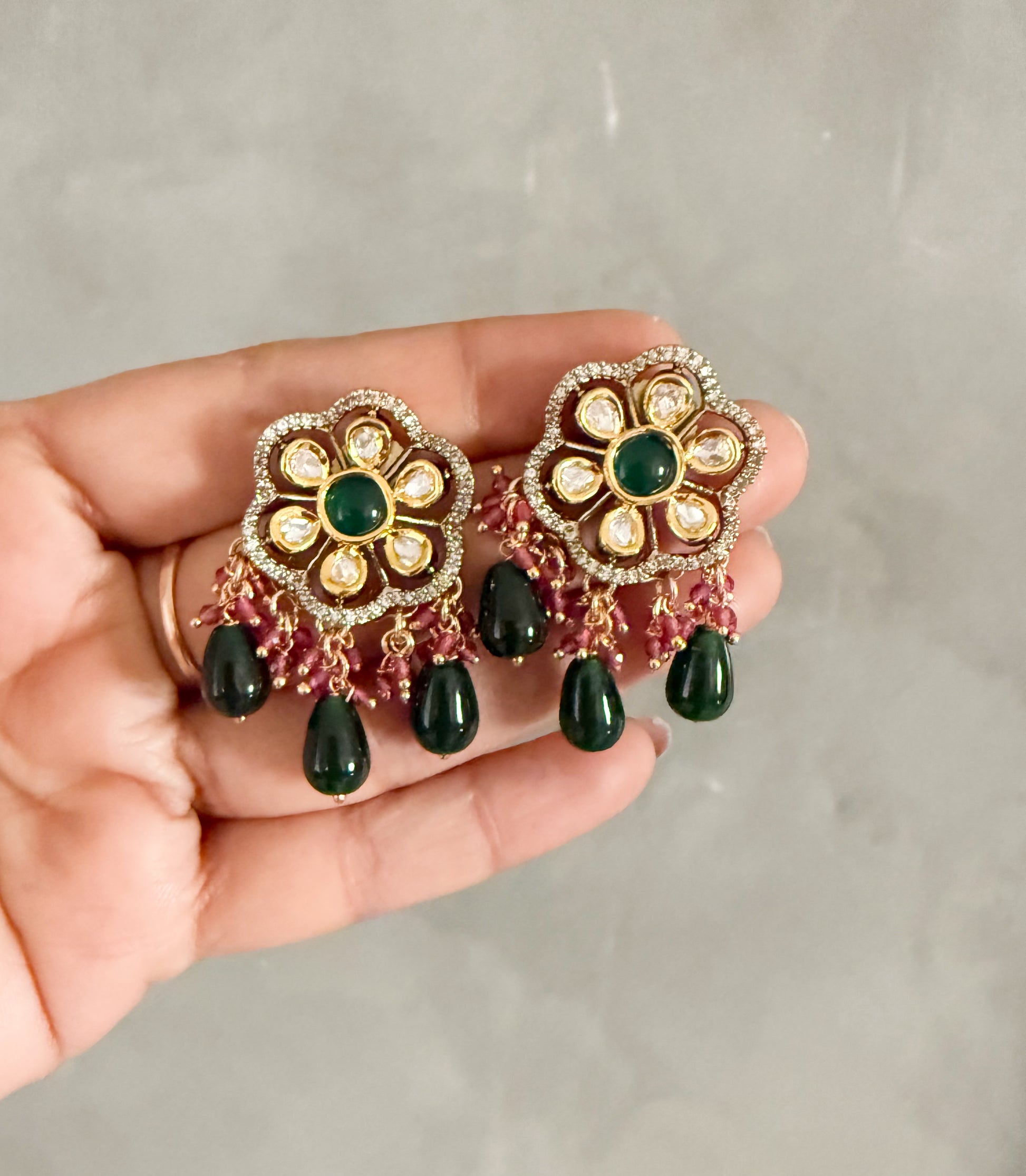 Diya Green Maroon Moissanite Polki Studs - MIARAA