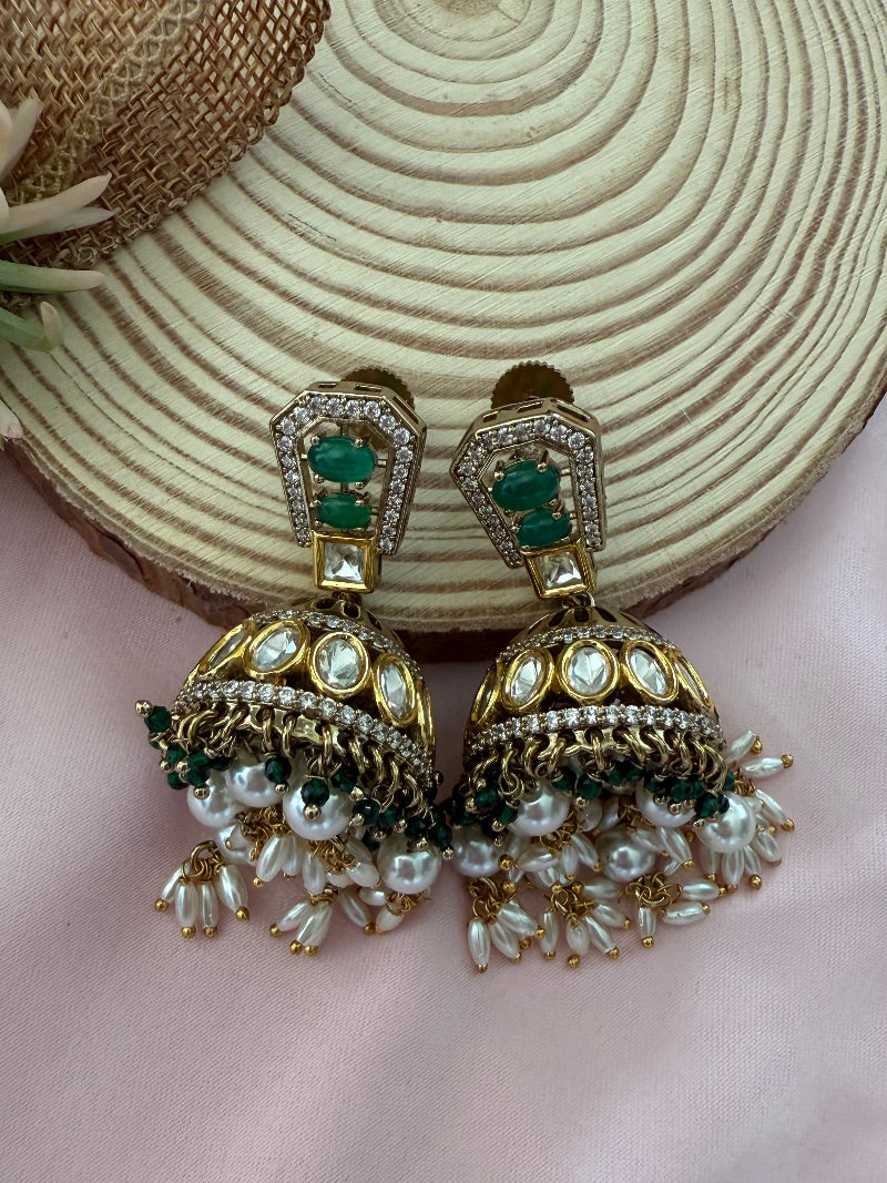 Shalini Green Antique Finish Polki Earrings - MIARAA