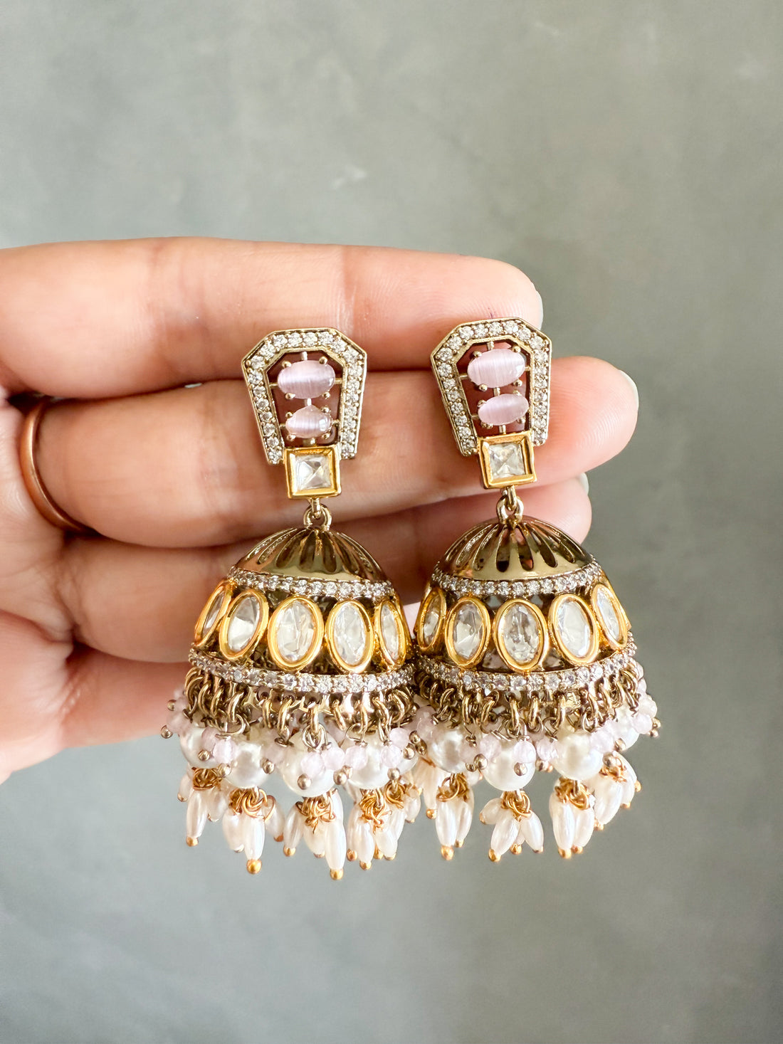 Shalini Pink Antique Finish Polki Earrings - MIARAA