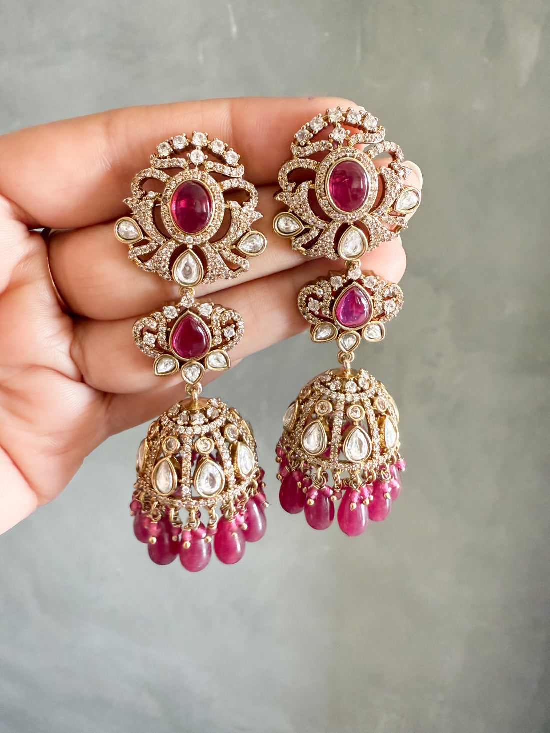Kashvi Ruby Pink Antique Finish Earrings - MIARAA