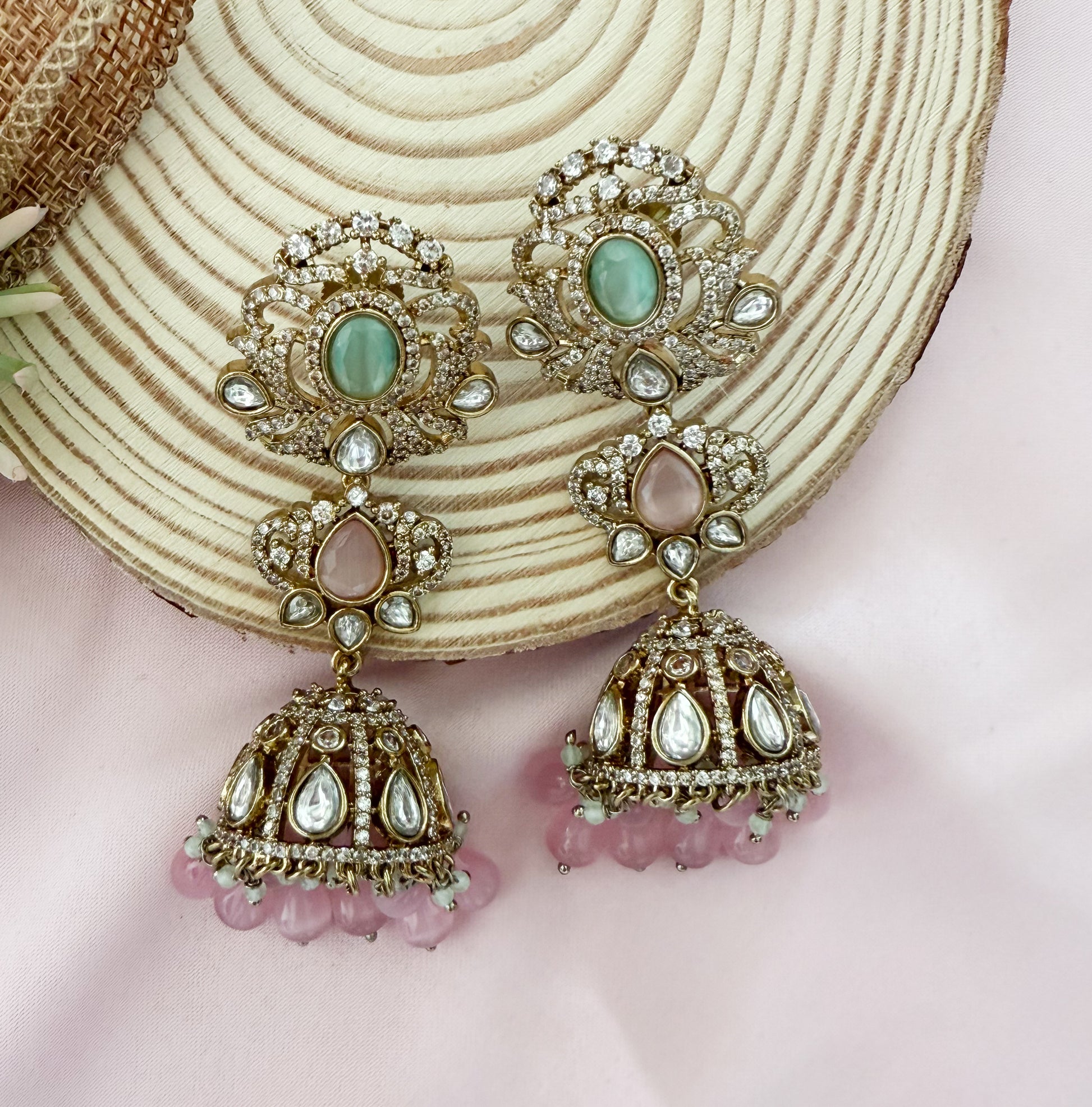 Kashvi Pastel Pink and Green Antique Finish Earrings - MIARAA
