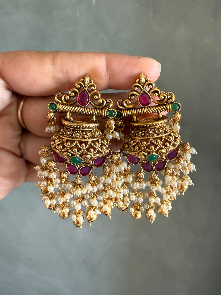 Mayaa Antique Gold Handi Style Earrings - MIARAA