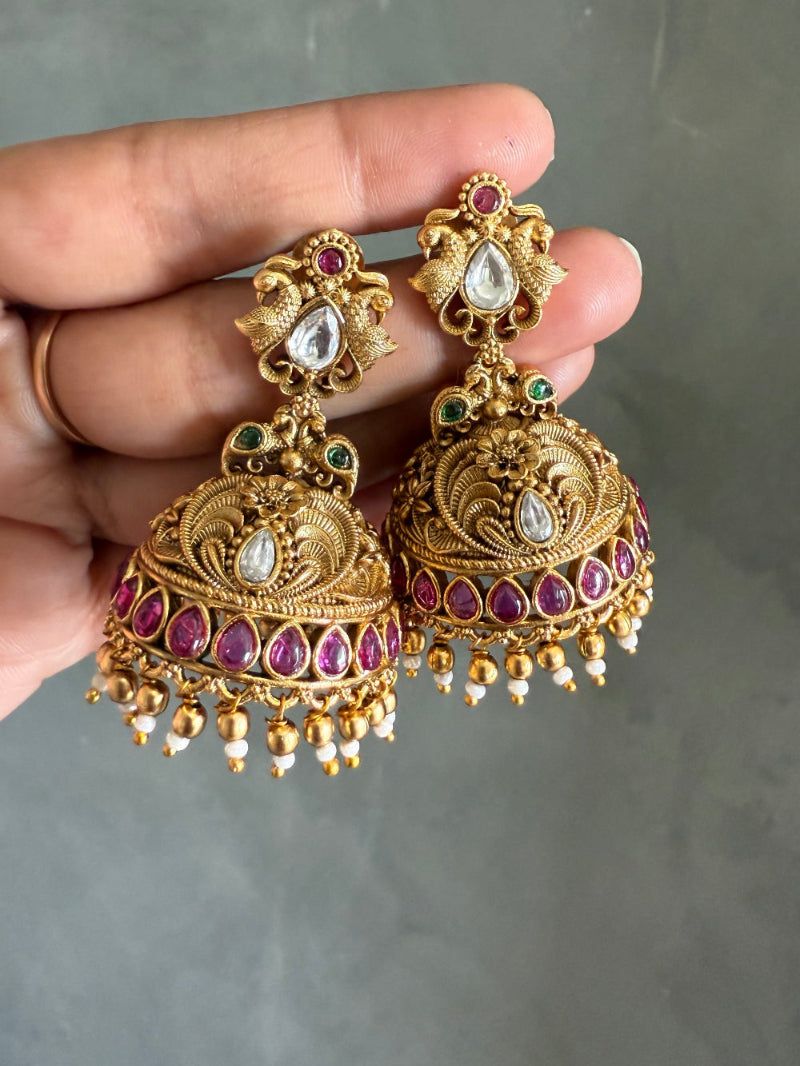 Amala Antique Gold Jhumka Earrings - MIARAA