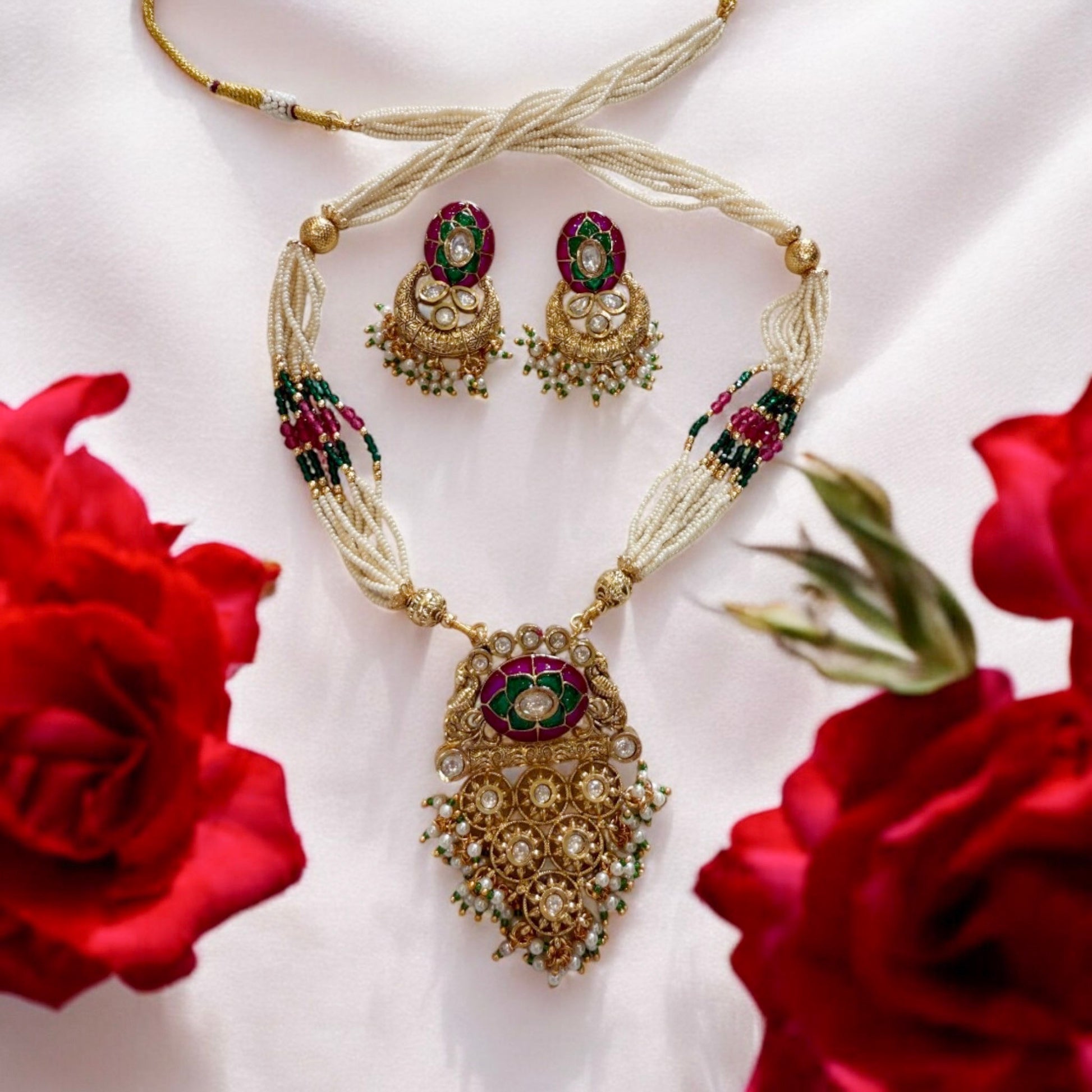 Multicolour Kaveri Rajawadi Necklace Set - MIARAA