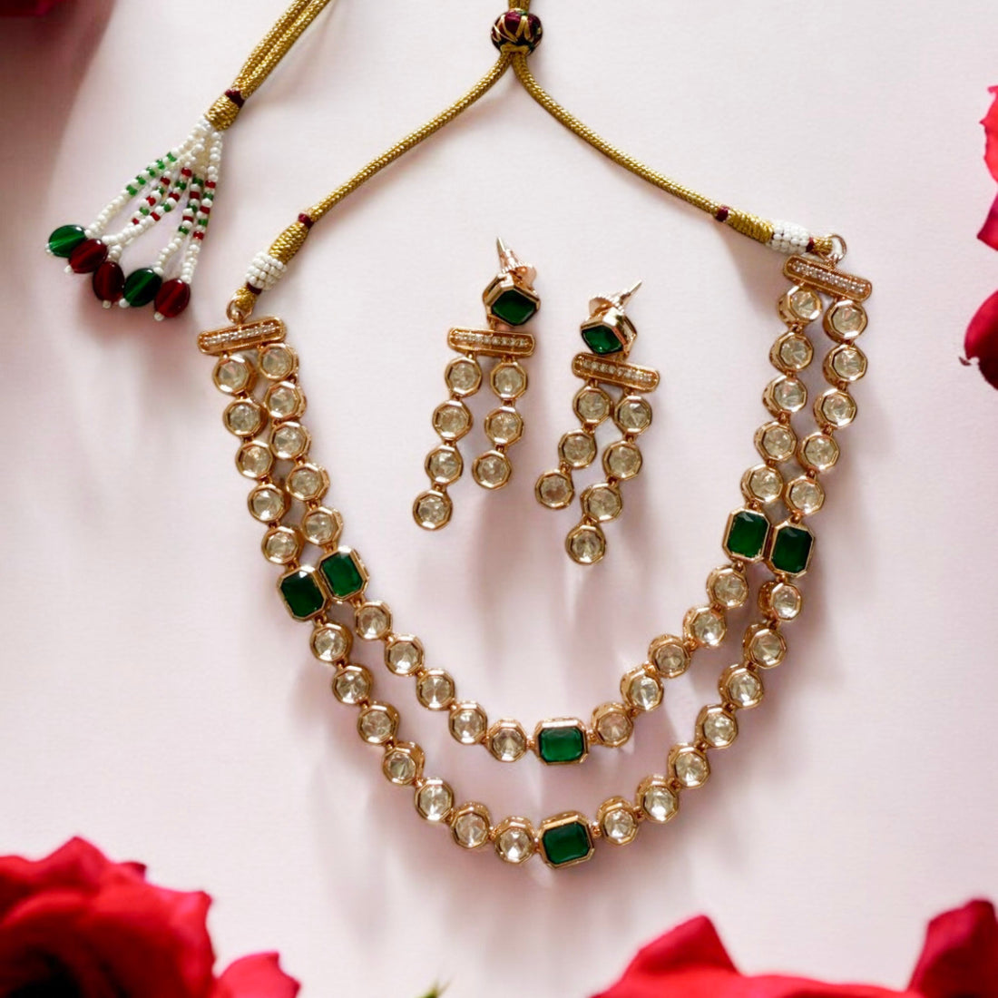 Green Harini Polki Necklace Set - MIARAA
