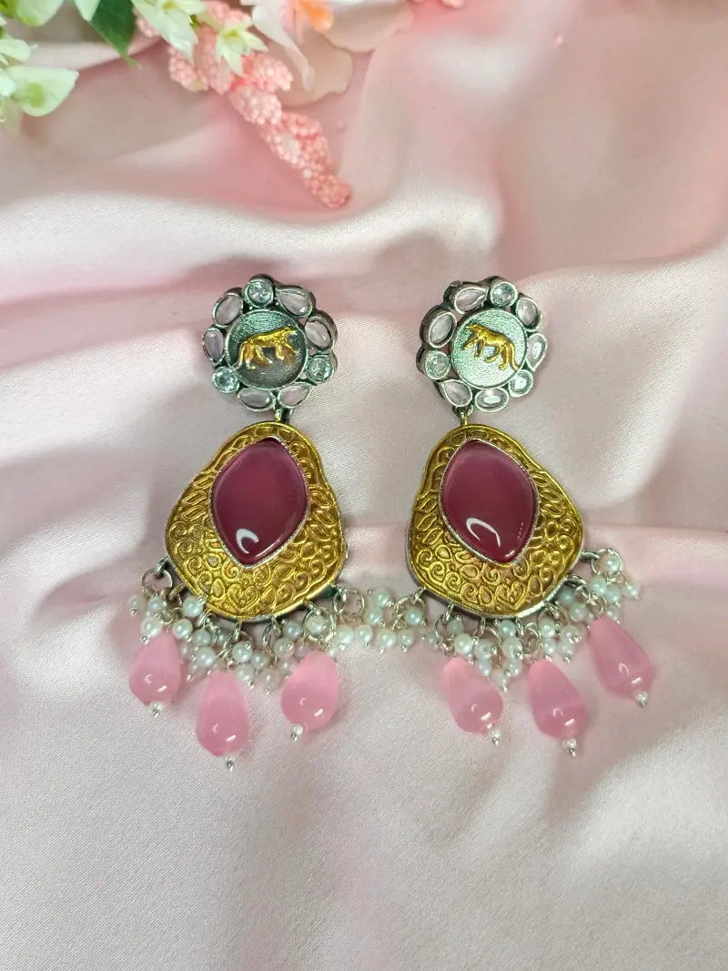 Pastel Pink Monalisa Stone Fusion Gold-Silver Earrings - MIARAA