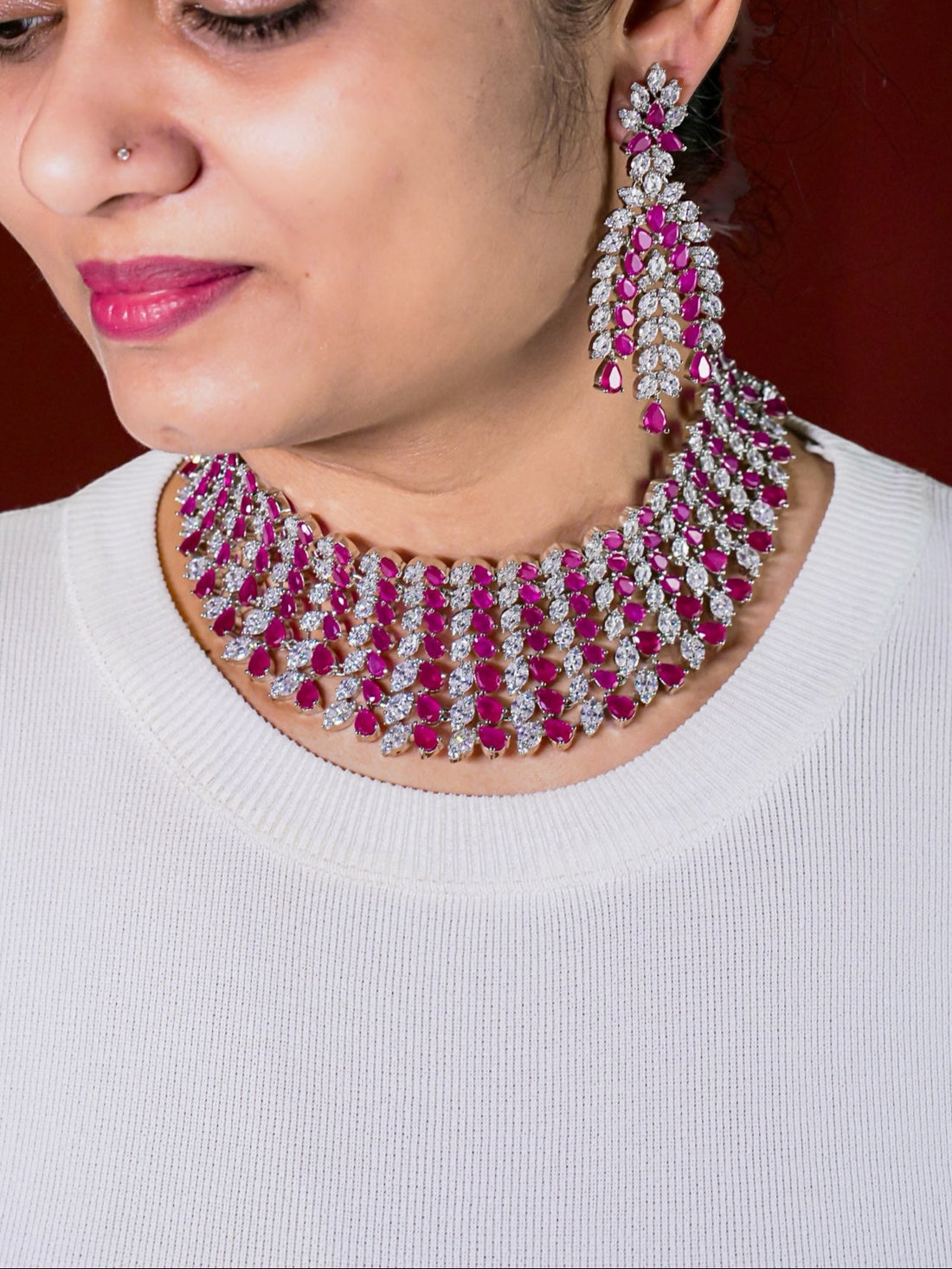 Vaanya Ruby Pink Diamond Necklace Set - MIARAA