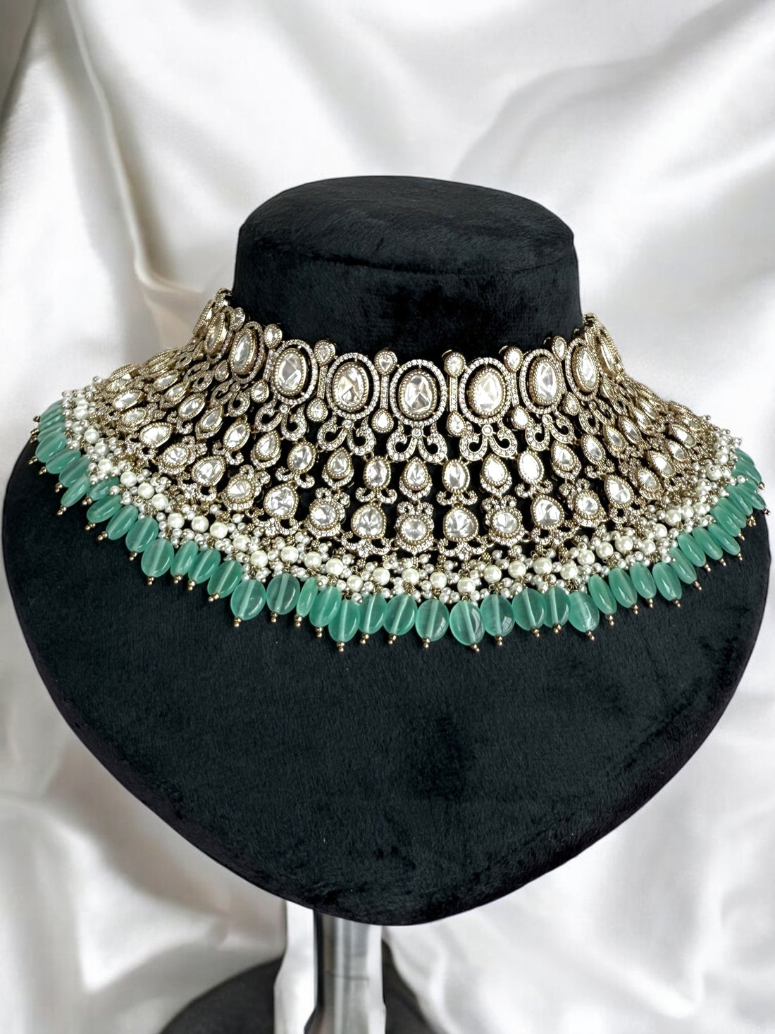 Yuvika Aqua Green Polki Necklace Set - MIARAA
