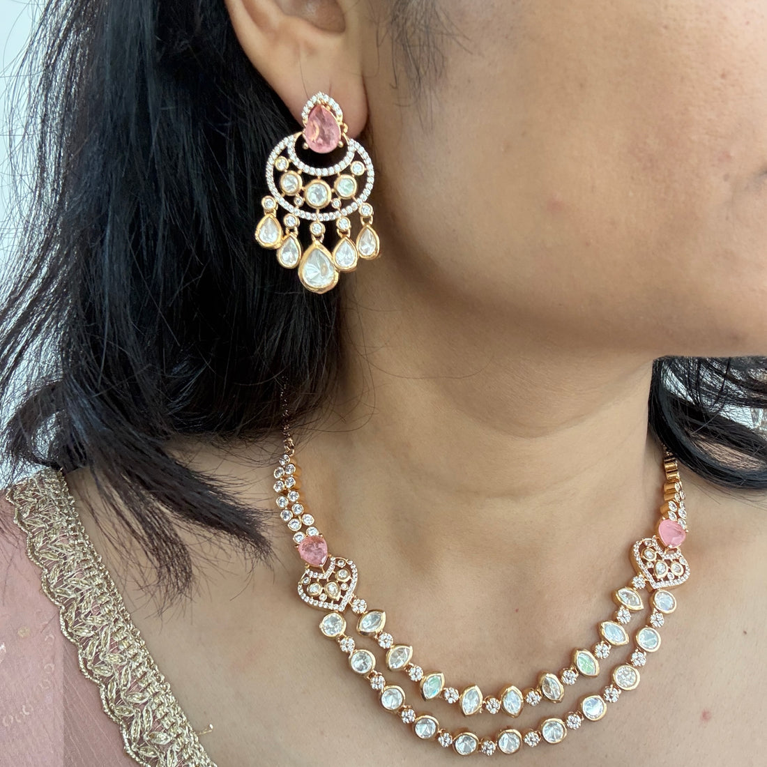 Sangita pink Polki Kundan Necklace Set