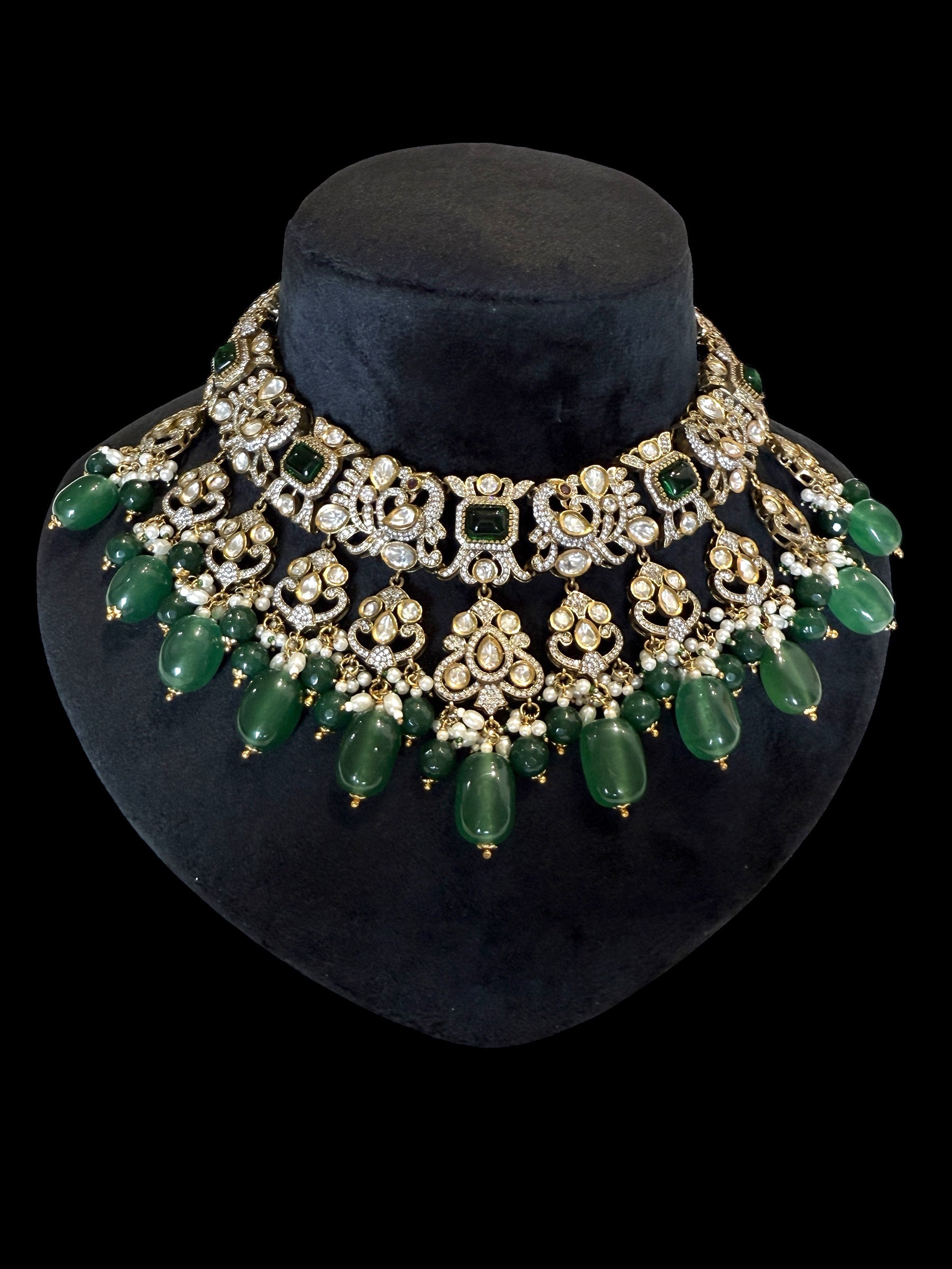 Tara Emerald Green Polki Necklace Set - MIARAA