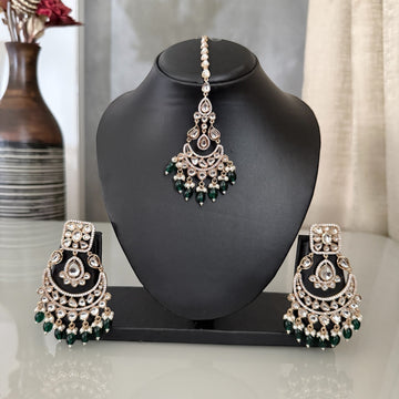 Ranchi Green Pearl Chandbali Earrings With MangTika- MIARAA