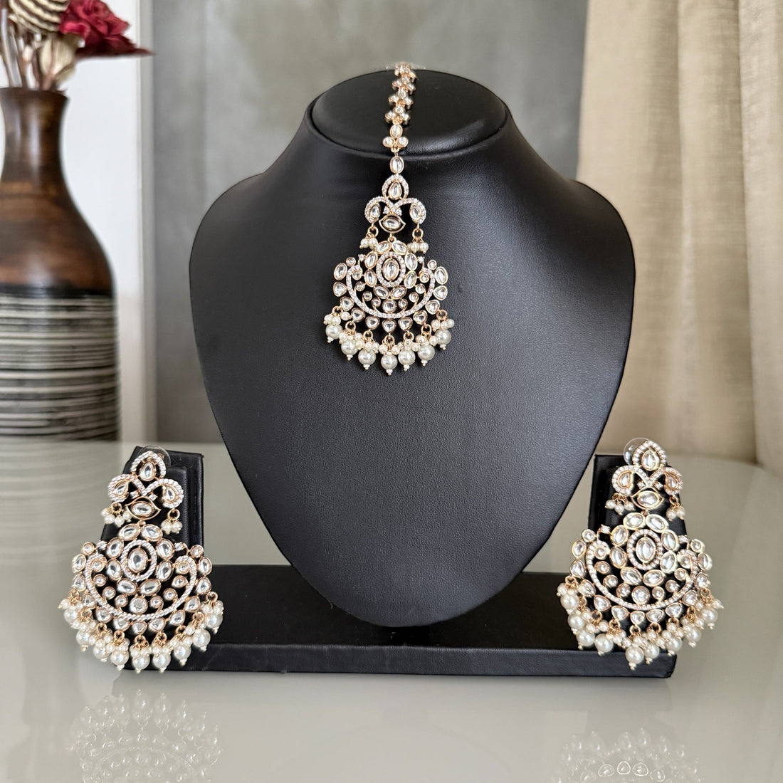 Ranchi White Pearl Chandbali Earrings With MangTika- MIARAA