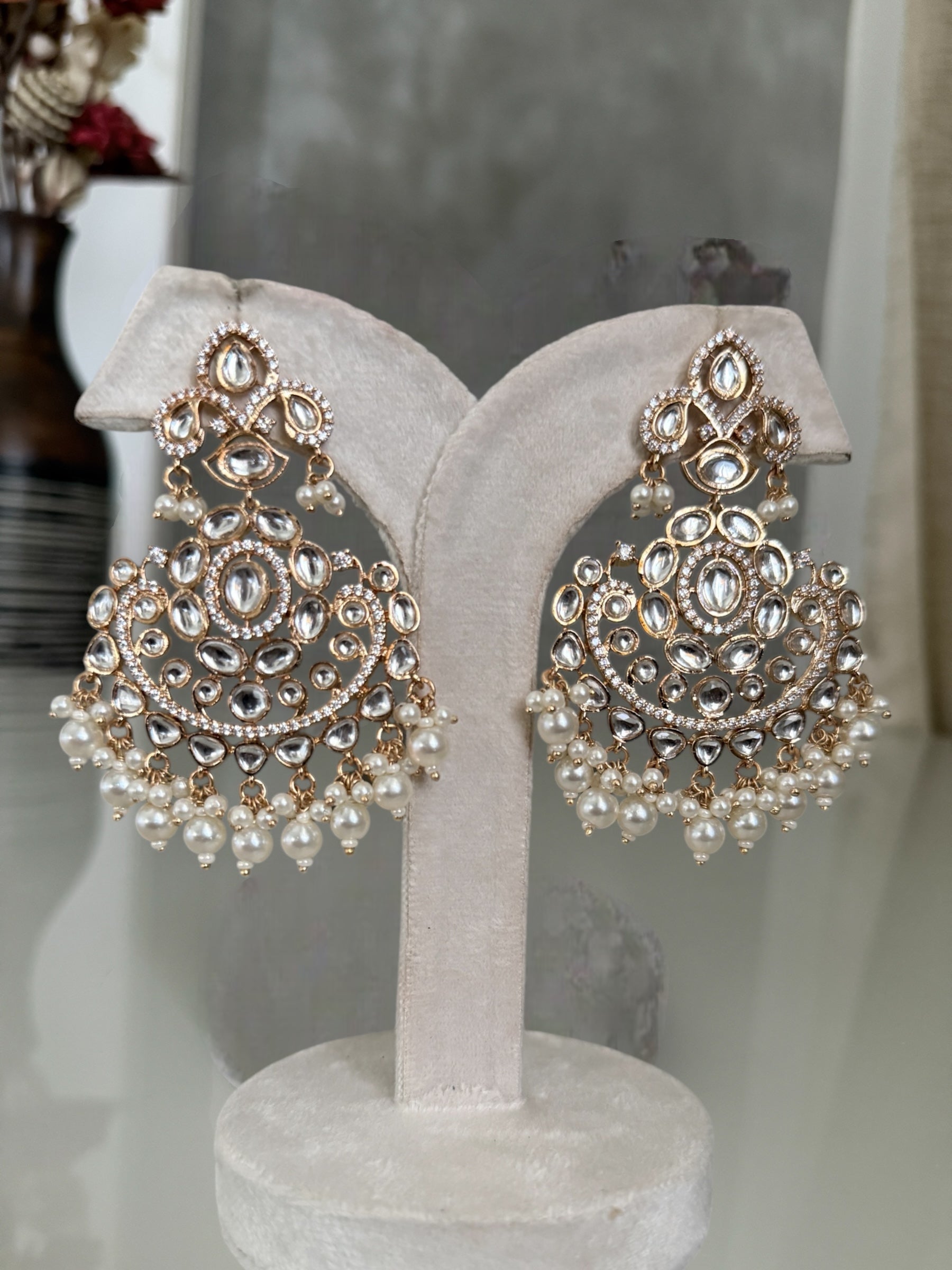 Ranchi White Pearl Chandbali Earrings With MangTika- MIARAA