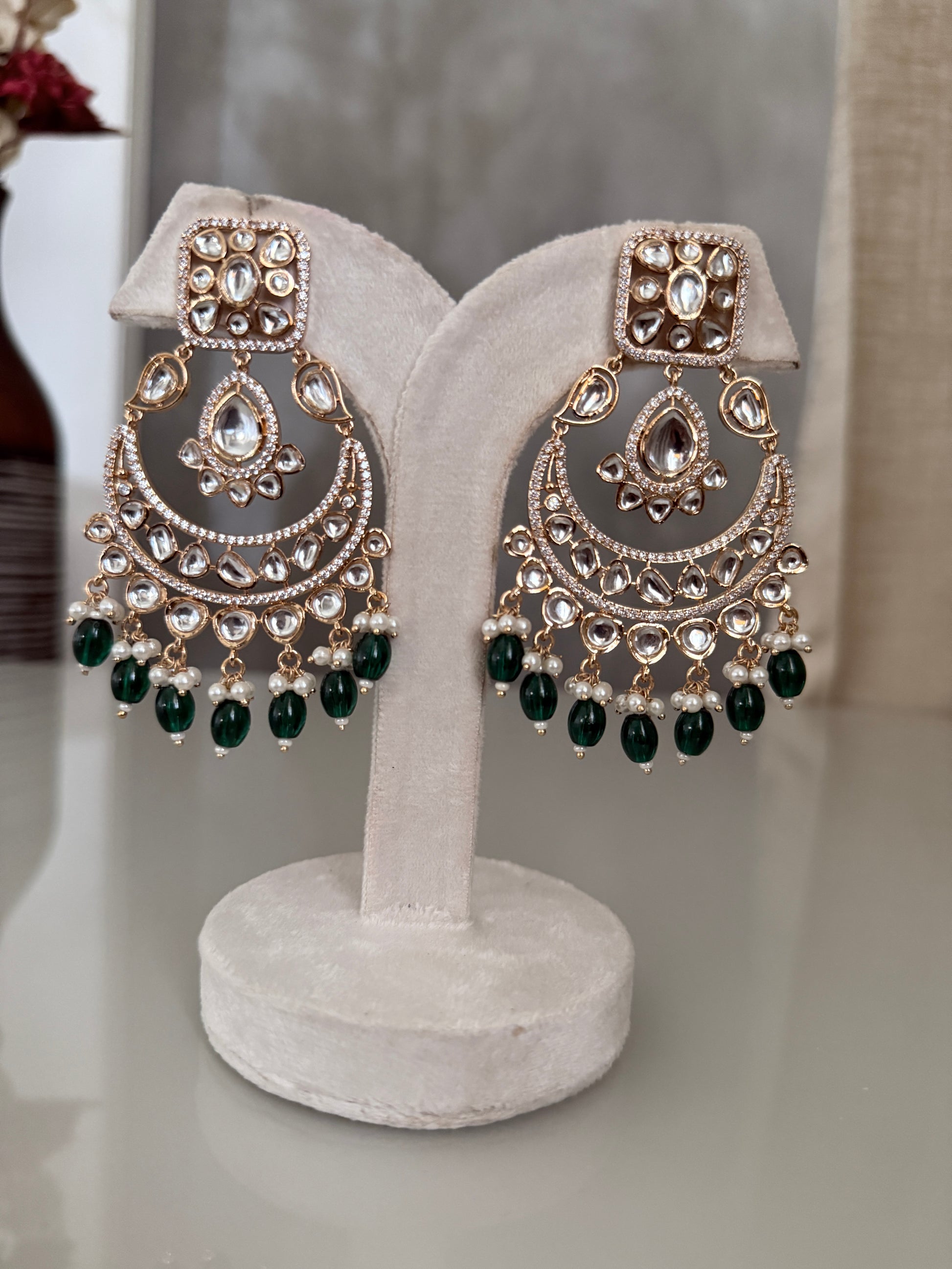 Ranchi Green Pearl Chandbali Earrings With MangTika- MIARAA