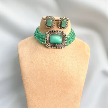Miaraa Amayra Aqua Green Polki Kundan Necklace Set