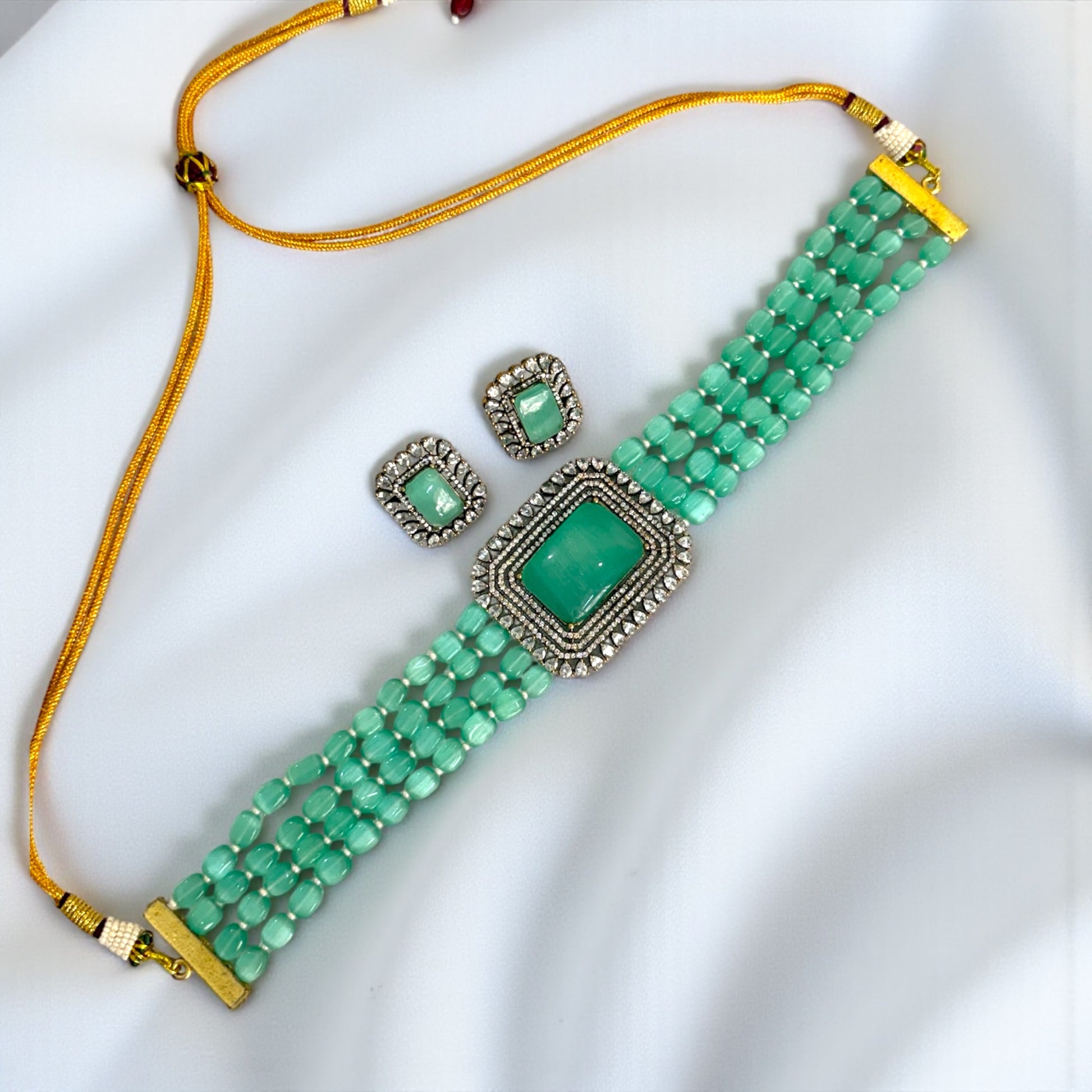 Miaraa Amayra Aqua Green Polki Kundan Necklace Set